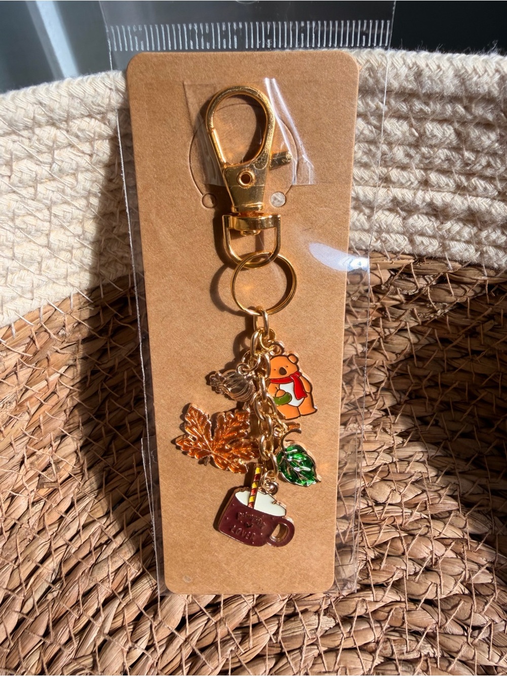 Pumpkin Spice Latte Gold Autumn Charm Keychain - Seasonal Leaves & Mug
